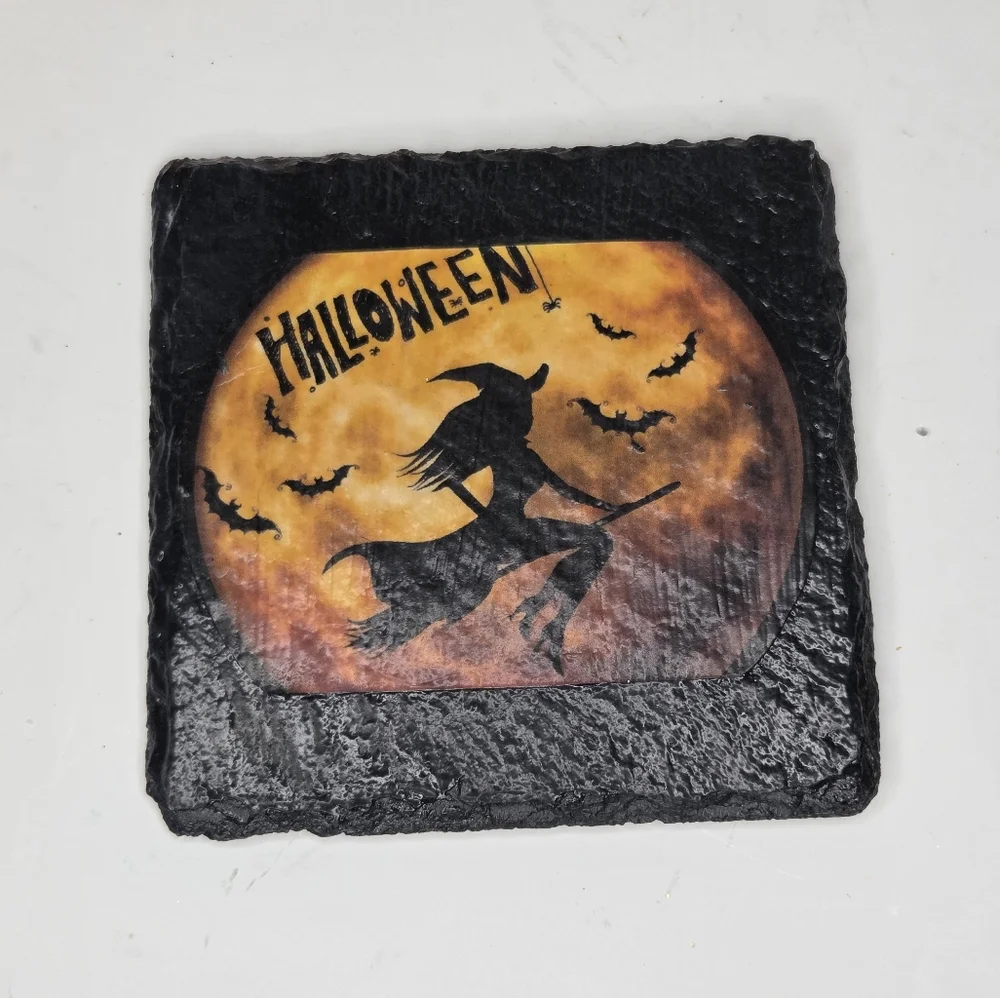 Halloween Whimsigoth Witch‎ Slate Coasters Black and Orange Flying On Broom - Picture 3 of 8